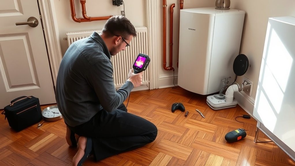 Engineer locating central heating leak using thermal imaging in Chelsea